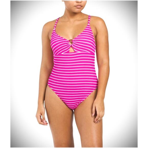 Lucky Brand One-piece Swimsuit Women S Hot Pink‎ Keyhole Stripe Textured Beachy - Picture 1 of 9